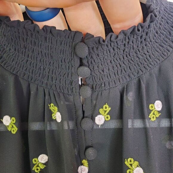 CAbi Blouse Womens S Embroidered Contrast Florals Smocked High Neck Dark Sheer - Picture 4 of 9